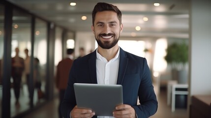 Professional young startup businessman using a tablet standing in office. Generative AI