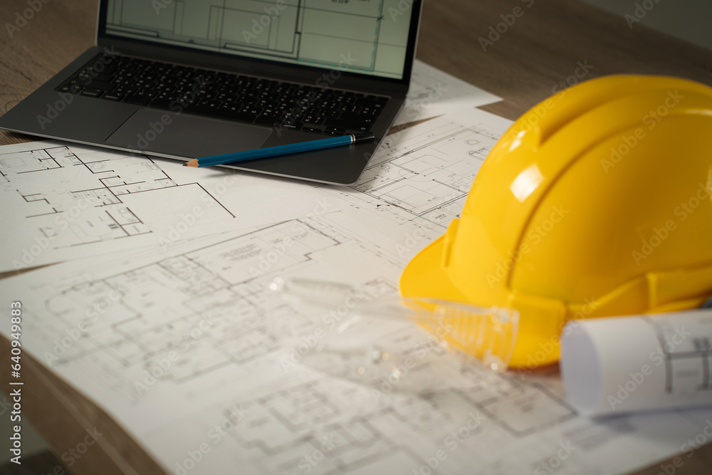 Poster man, architect, and engineer work discussing tools and construction concepts on a building site with