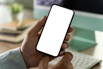 businessman holding a blank screen smartphone mobile with blank screen blank for your advertising text message communication background workplace job copy space
