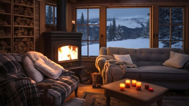 Cozy living room of a winter cabin with a lit fireplace warm throw blankets and depth of cold winter snow outside the window animated virtual backgrounds, stream overlay loop wallpaper