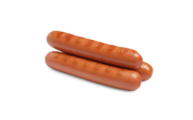 Tasty fresh grilled sausages on white background. Ingredients for hot dogs