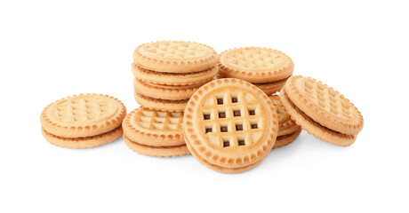 Tasty sandwich cookies with cream isolated on white