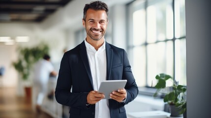 Professional young startup businessman using a tablet standing in office.