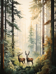 An Illustration of a Grainy Forest with Oversized Wildlife and Trees