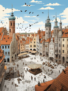 An Illustration of a European City Square, Layered with People and Pigeons
