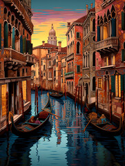 Fototapeta premium An Illustration of a Venetian Gondola Ride with Layered Canals and Buildings