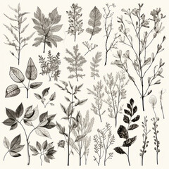 Leaves, twigs, and flowers line art 