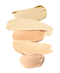 Foundation of various shades for different skin tones isolated on white, top view. Set of samples