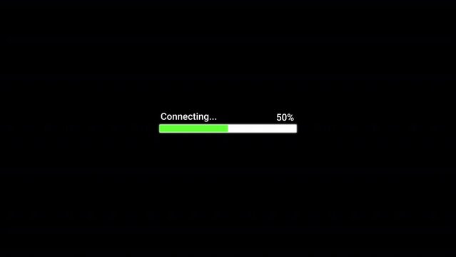 Green color connecting progress bar, Connecting bar loading progress indicator from 0% to 100% increasing percentage, Connecting complete progress bar with counting number of percentage