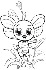 Kids painting template, cute cartoon insect figure among plants. Ideal for coloring by young children. PNG