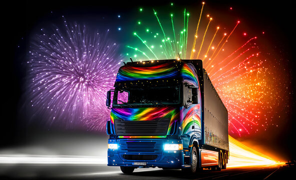 Truck at night with fireworks in the background . New Year wishes with fireworks and space for text for logistics companies or forwarding agents - Sylvester, Lkw mit Feuerwerk