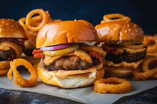Savor a savory and juicy meatloaf slider topped with crispy onion rings, spicy chipotle mayo, and served on a toasted brioche bun for a comforting and hearty dinner option