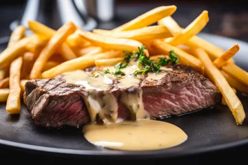 Tuinposter A mouthwatering close-up of steak frites: a perfectly grilled medium-rare steak on a bed of crispy fries, topped with creamy béarnaise sauce © aicandy