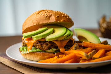 A delicious vegan burger topped with vegan cheese, caramelized onions, avocado, served on a whole wheat bun, and accompanied by sweet potato fries