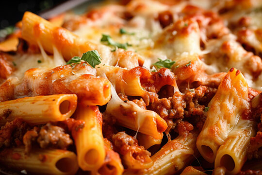 A mouth-watering close-up of homemade baked ziti featuring spicy Italian sausage, tomato sauce, and a cheesy, gooey texture