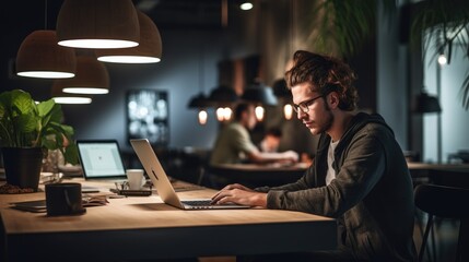 Fototapeta premium Young male digital designer working on a project in a coworking space. Generative AI