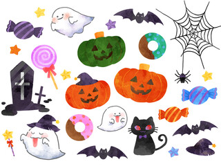 ハロウィンのイラストセット　手描き　水彩風