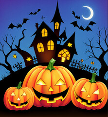 Halloween party card template - spooky castle, dead trees, full moon on orange background, AI generated
