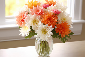 A bouquet of flowers in a vase on a table. The flowers are in different shades of pink, orange and white. The vase is made of clear glass and has a fluted top