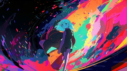 Anime Girl on Vibrant and Colorful Background, Japanese Art, Manga Illustration - Ideal for Anime Fan Blogs and Art Appreciation Websites.