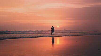  Silhouetted Couple in Love on the Serene Beach at Sunset, Perfect for Romantic Getaways and Valentine's Day Celebrations.