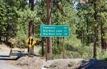The Fawnskin, Big Bear Lake and Big Bear City roadside sign.
