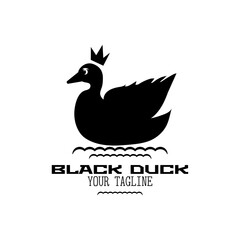Black cute duck in a crown on the waves logo with text on white background