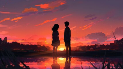 Anime couple Silhouette at Sunset clashing colour background. Generative AI