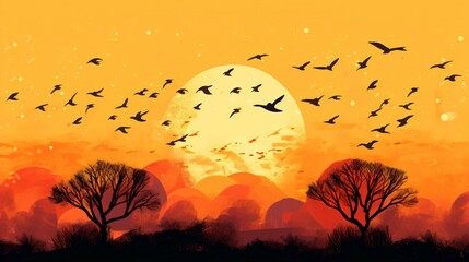flying birds Silhouette at Sunset clashing colour background. Generative AI