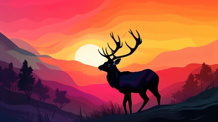 Deer Silhouette at Sunset clashing colour background. Generative AI