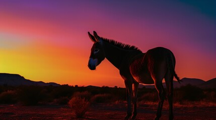 donkey Silhouette on Beautiful Sunset Background. Generative AI