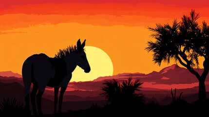 donkey Silhouette on Beautiful Sunset Background. Generative AI