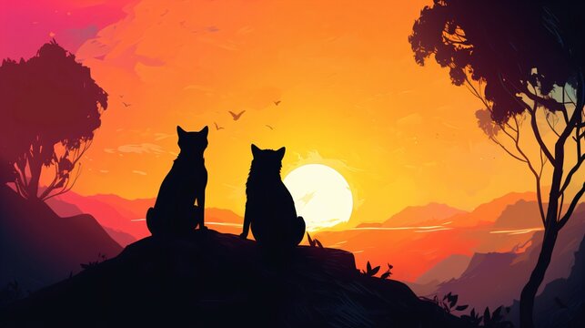 dogs Silhouette on Beautiful Sunset Background. Generative AI