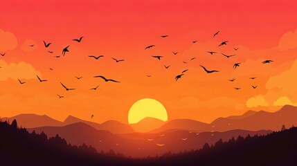 Flying birds Silhouette on Beautiful Sunset Background. Generative AI