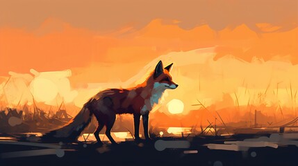 Fox Silhouette on Beautiful Sunset Background. Generative AI