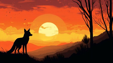 Fox Silhouette on Beautiful Sunset Background. Generative AI