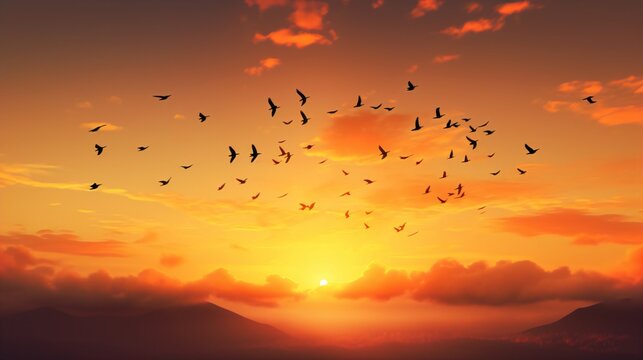 Flying birds Silhouette on Beautiful Sunset Background. Generative AI