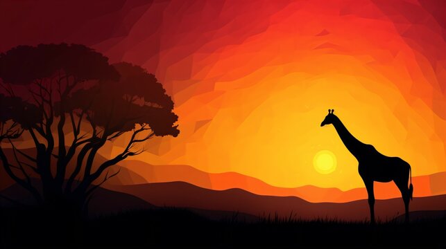 Giraffe Silhouette Against a Dramatic Sunset, Ideal Background for Wildlife-themed Designs and Striking Imagery. Generative AI