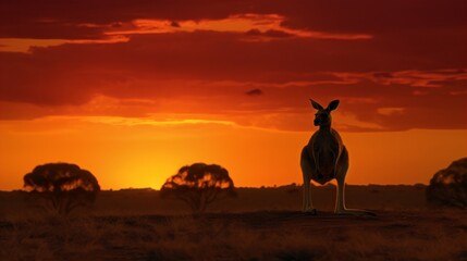 Fototapeta na wymiar Kangaroo Silhouette Against a Dramatic Sunset, Ideal Background for Wildlife-themed Designs and Striking Imagery. Generative AI