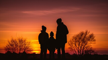 Fototapeta na wymiar Family Silhouette Against a Dramatic Sunset: Ideal Background for Family-themed Designs and Heartfelt Moments. Generative AI