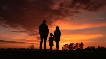 Fototapeta premium Family Silhouette Against a Dramatic Sunset: Ideal Background for Family-themed Designs and Heartfelt Moments. Generative AI