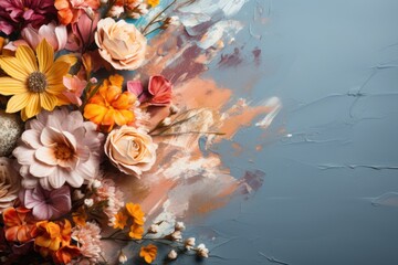 Aerial Beauty: Blooms and Brush on Colorful Flat Layout Background. Generative AI