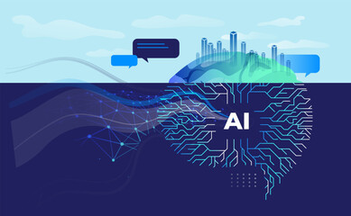 Iceberg AI brain at ocean, (Artificial Intelligence), Deep learning machine learning AI, Technological digital brain concept, vector illustration