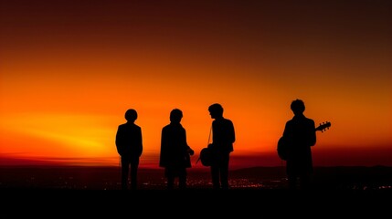 Vibrant Sunset Serenade, Simple Background with Clashing Colors Sets the Stage for The Band. Generative AI