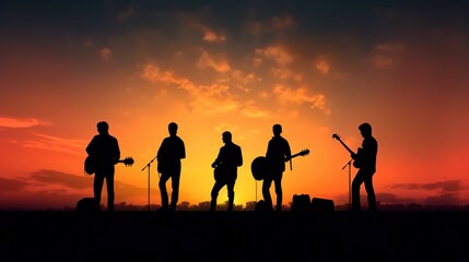 Fototapeta na wymiar Vibrant Sunset Serenade, Simple Background with Clashing Colors Sets the Stage for The Band. Generative AI