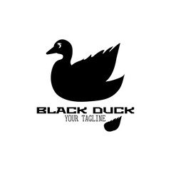 Black cute duck with feather logo with text on white background