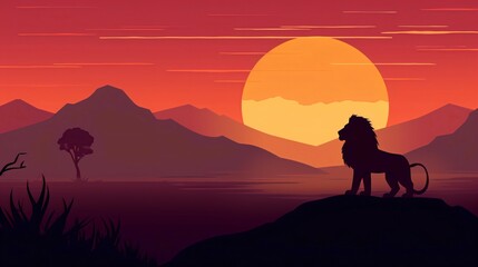 Serenity in Sunset, A Simple Background with the Majestic Silhouette of a Lion. Generative AI