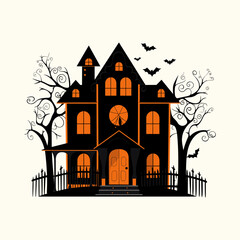 Halloween background with haunted house, bats and tree vector illustration