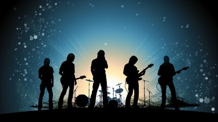 Celestial Rockstar Nigh, Gradient Canvas with Shooting Stars Sets Stage for Silhouetted Band. High-Res Artwork Craftsmanship. Generative AI