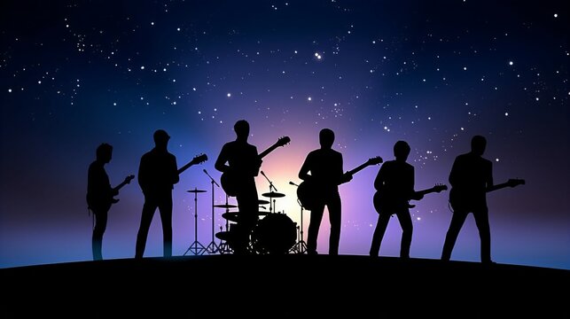 Celestial Rockstar Nigh, Gradient Canvas with Shooting Stars Sets Stage for Silhouetted Band. High-Res Artwork Craftsmanship. Generative AI